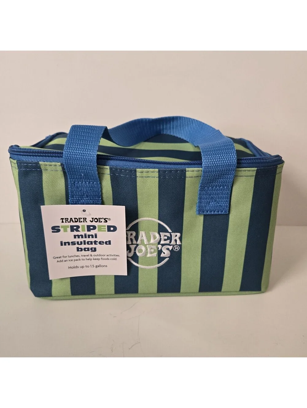 2026 Trader Joe Mini Insulated Blue & Green Stripe Lunch Bag Tote NWT